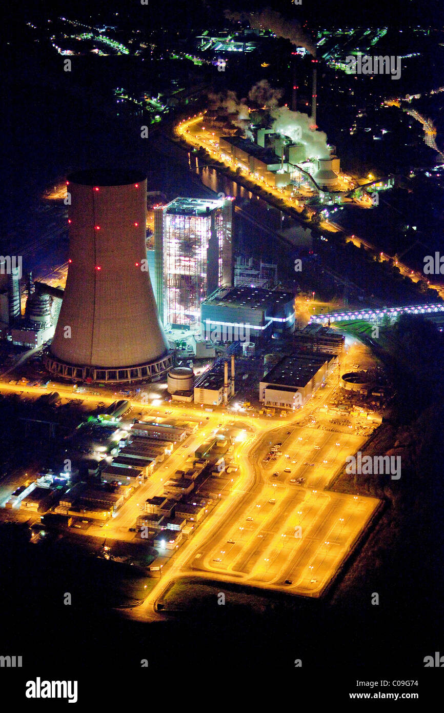 Vista aerea, notte, EON Kraftwerk Datteln 4 centrali a carbone vegetale, edificio freeze, Recklinghausen, Ruhrgebiet regione Foto Stock