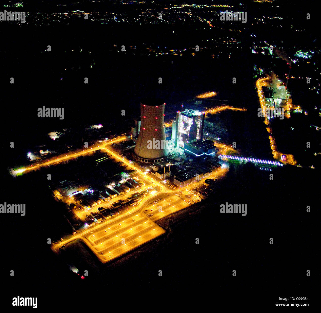 Vista aerea, notte, EON Kraftwerk Datteln 4 centrali a carbone vegetale, edificio freeze, Recklinghausen, Ruhrgebiet regione Foto Stock