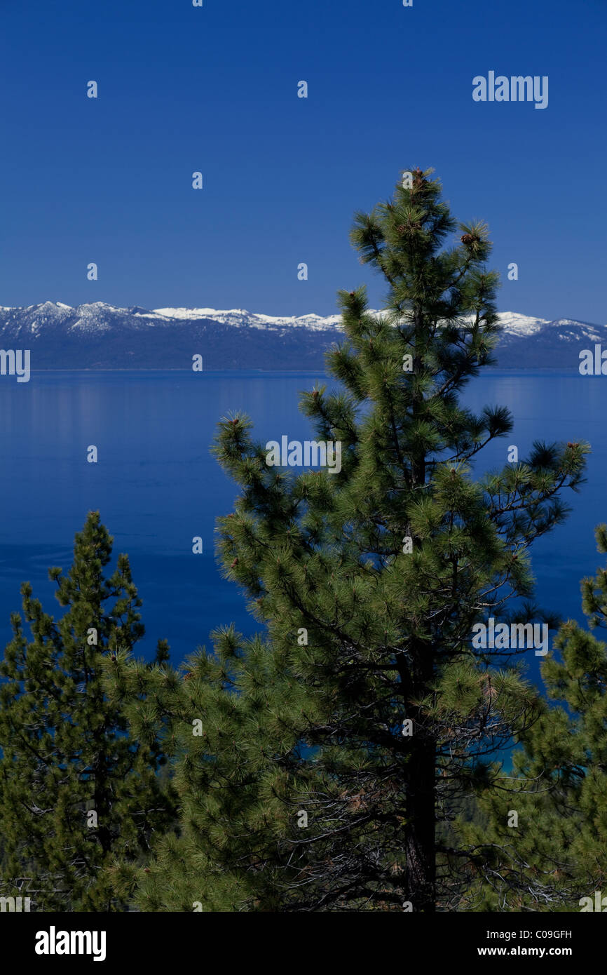 Lake Tahoe guardando ad ovest verso le cime innevate della Sierra Nevada della California dal lato del Nevada Foto Stock