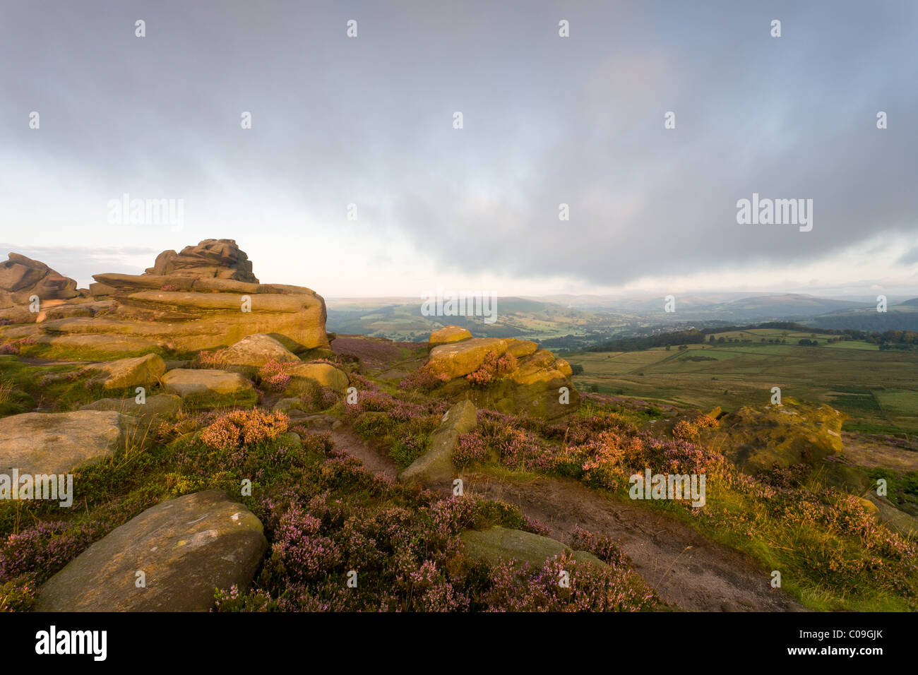 Sunrise e heather verso la fine di agosto a Hathersage, Parco Nazionale di Peak District Foto Stock