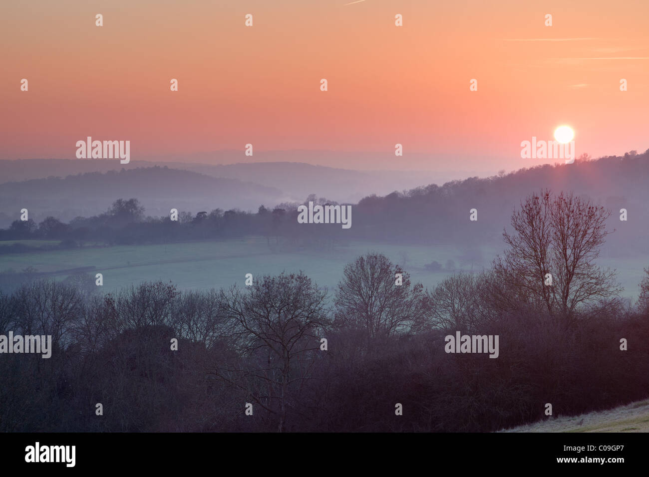Un tramonto in inverno da Newland's Corner, Surrey. Foto Stock