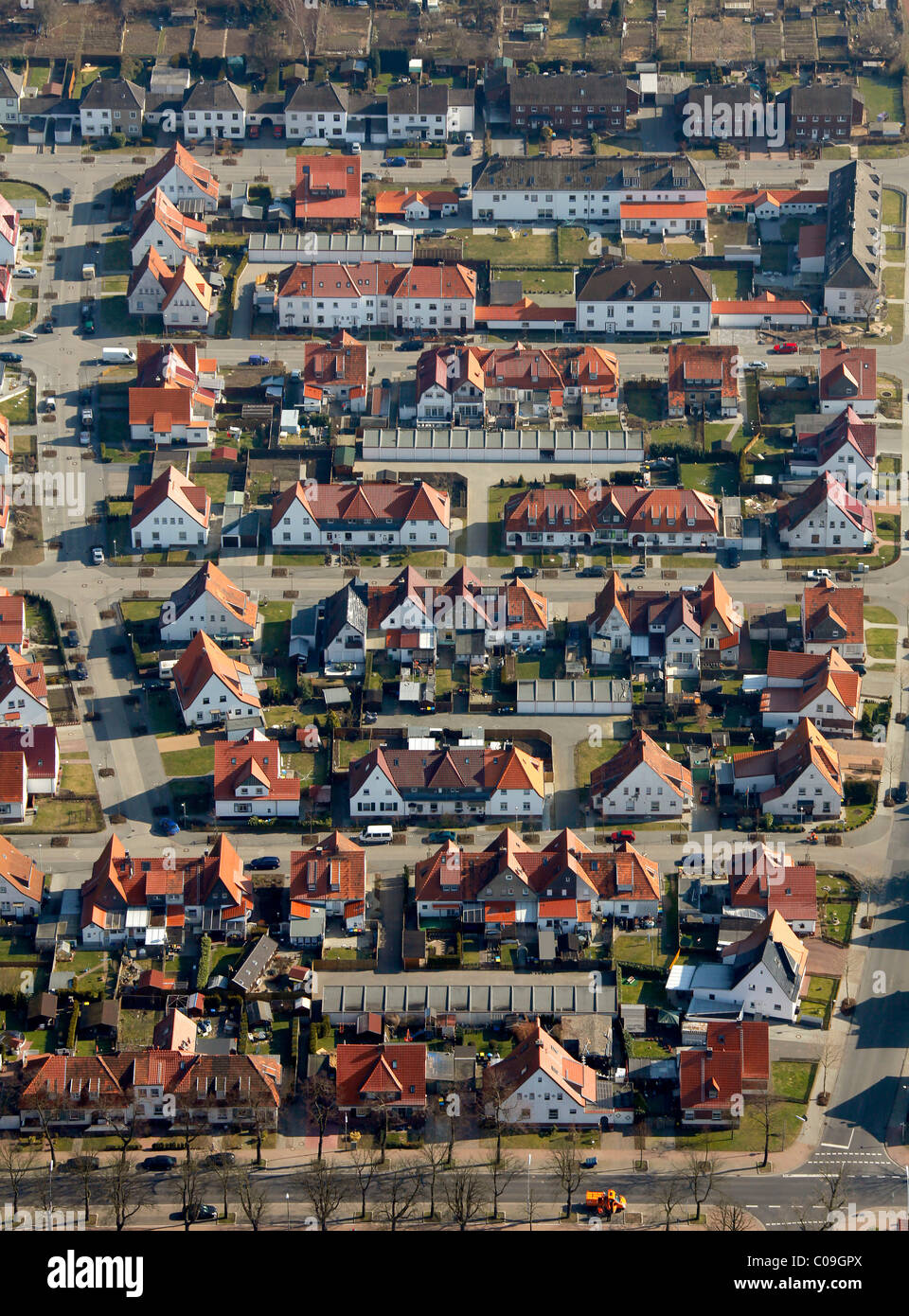 Vista aerea, insediamento minerario, Ebertstrasse, Lintfort, Kamp-Lintfort, Niederrhein regione Renania settentrionale-Vestfalia Foto Stock