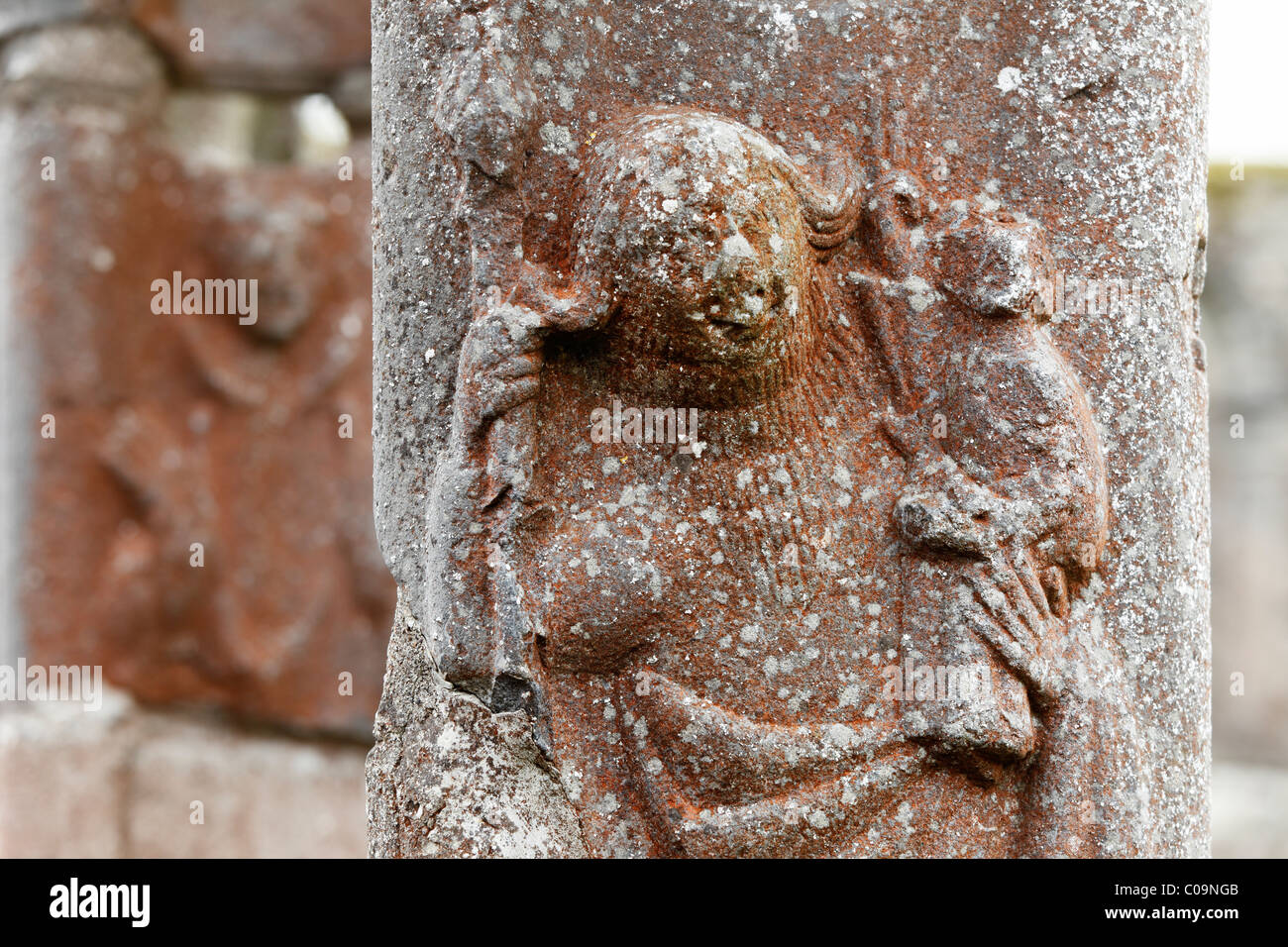 La figura su una colonna di pietra, il chiostro Abbazia di Jerpoint, nella Contea di Kilkenny, Repubblica di Irlanda, Isole britanniche, Europa Foto Stock