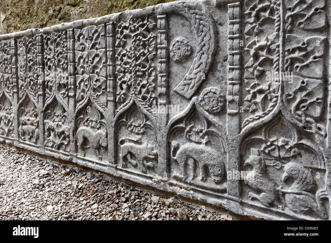 Rilievi in pietra e decorazioni su una lastra tombale, Rocca di Cashel, nella contea di Tipperary, Repubblica di Irlanda, Isole britanniche, Europa Foto Stock