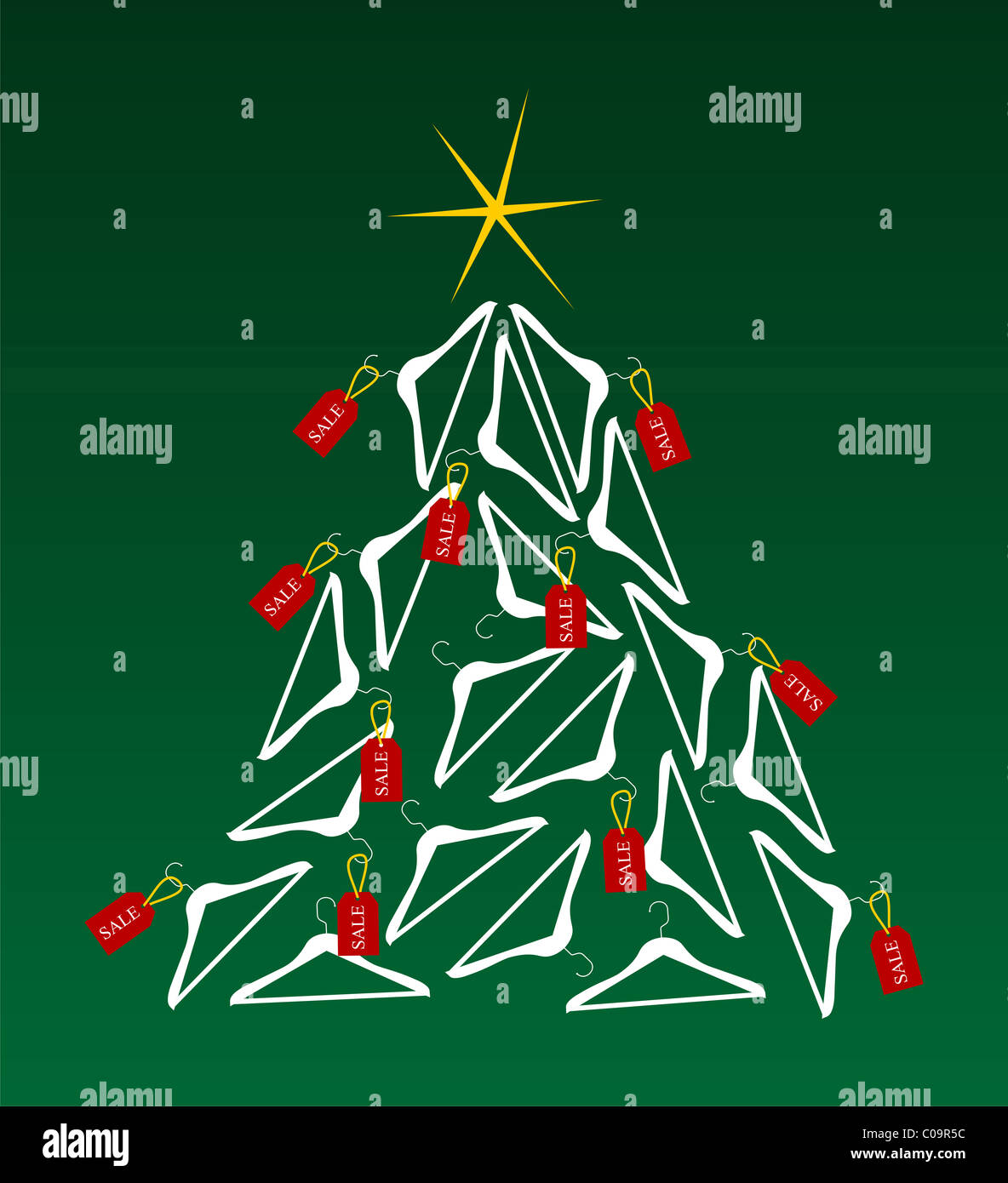 Albero di Natale fatto di grucce ornato con red vendita etichette. Giallo  brillante stella sulla parte superiore. Sfondo verde. Vettore disponibile  Foto stock - Alamy