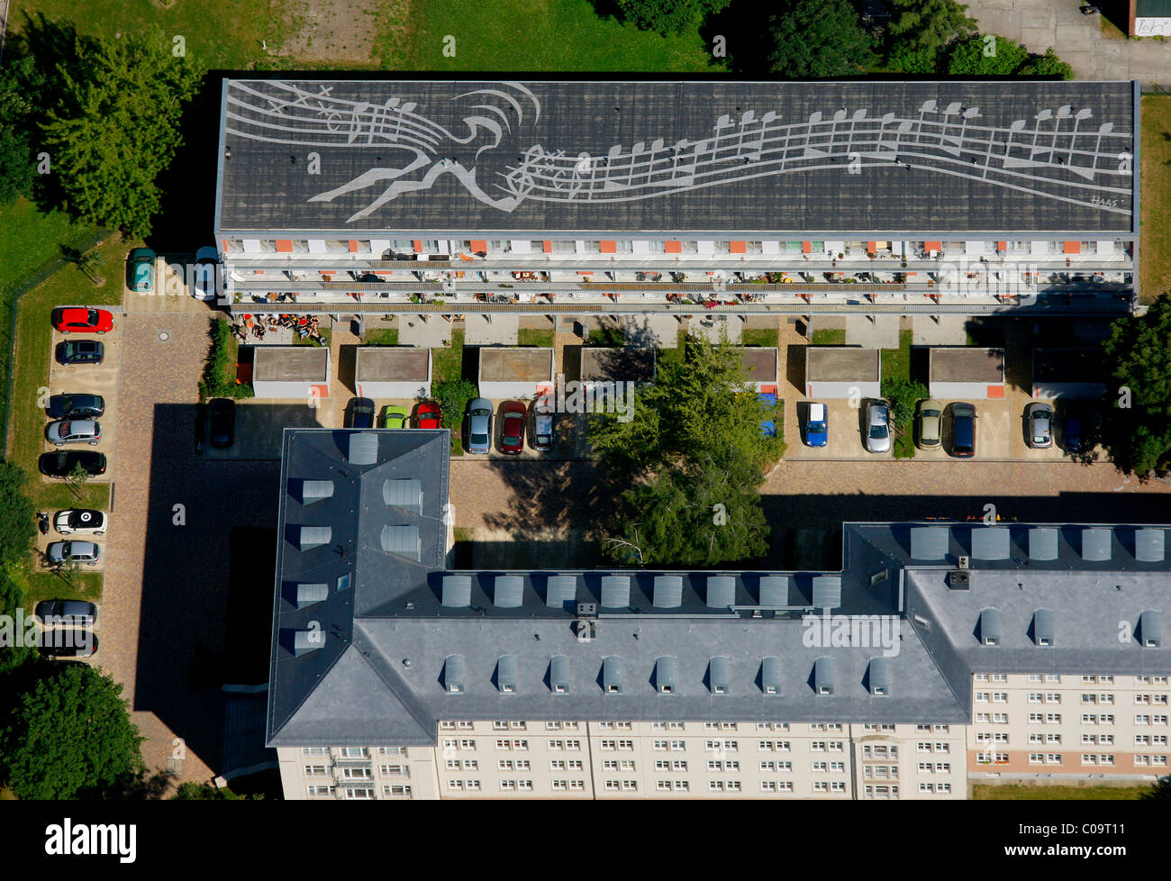 Vista aerea, tetto piatto, note sul tetto, Gutzkowstrasse, Dresda, Sassonia, Germania, Europa Foto Stock