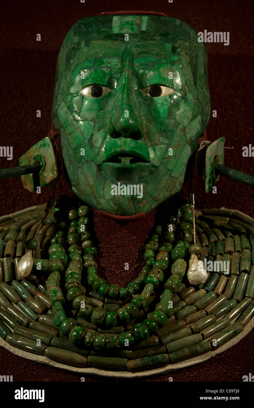 Mosaico di giada funerali morte maschera del re Maya Pakal da Palenque, ora nel Museo Nazionale di Antropologia di Città del Messico. Foto Stock