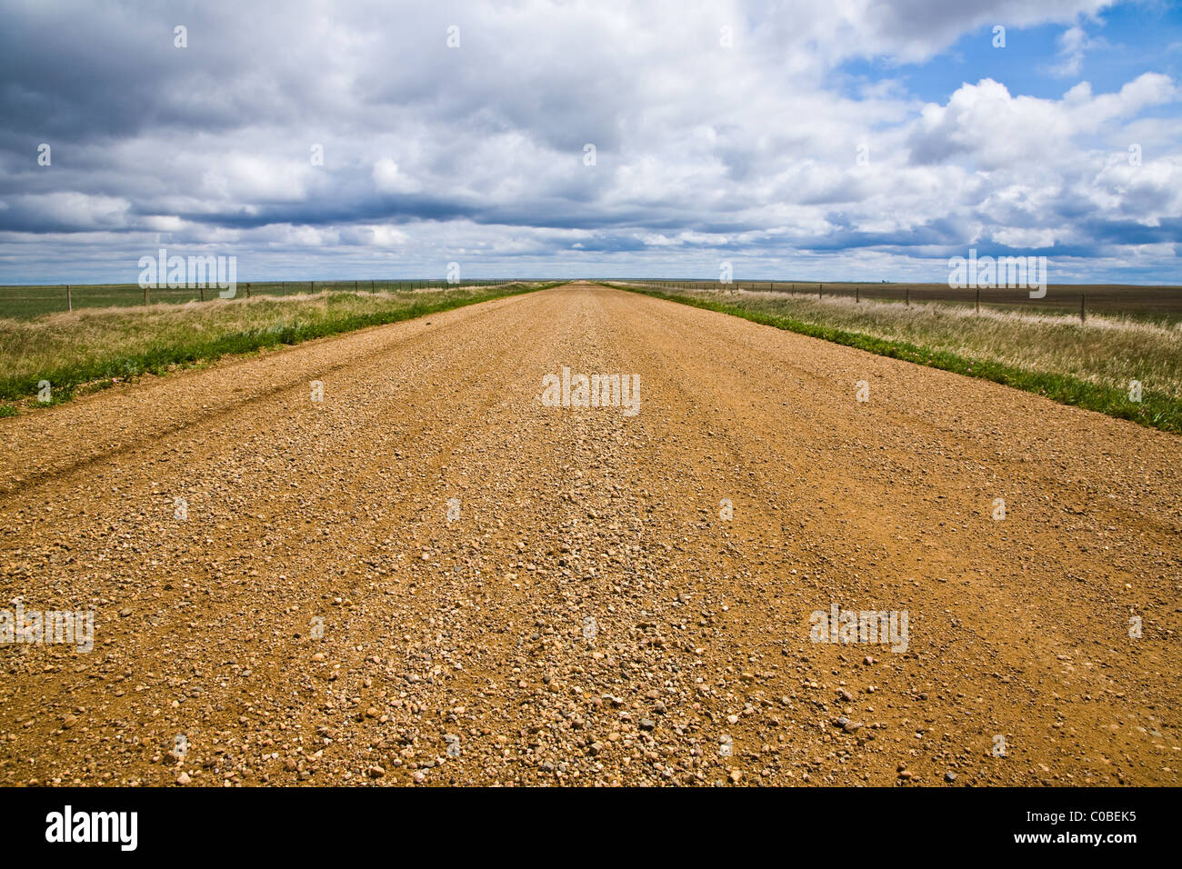 Una dritta strada di ghiaia di apparente lunghezza infinita attraverso la prateria canadese Foto Stock