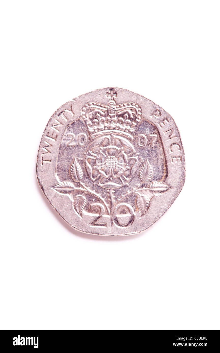 Una ventina di pence 20p moneta dalla valuta inglese su sfondo bianco Foto Stock