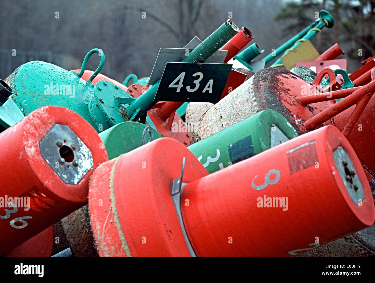 Erie Canal buoys stored on land during the winter Foto Stock