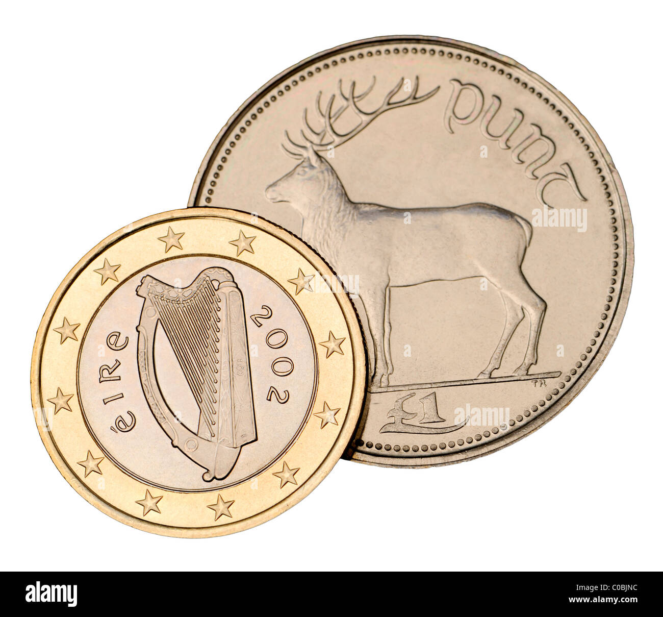 Irish 1 monete Euro a partire dal 2002 e pre-Euro 1 Punt Foto Stock