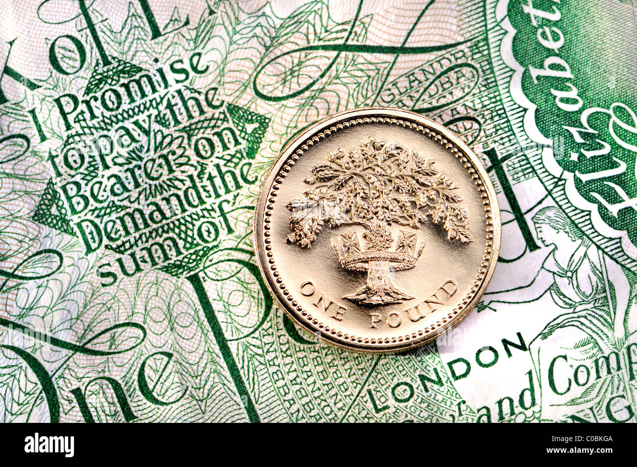 Pound moneta sul vecchio pound nota Foto Stock