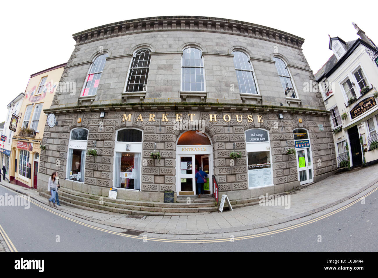 Casa mercato; St Austell; Cornovaglia; esterno e ingresso; prese con lente fish-eye Foto Stock