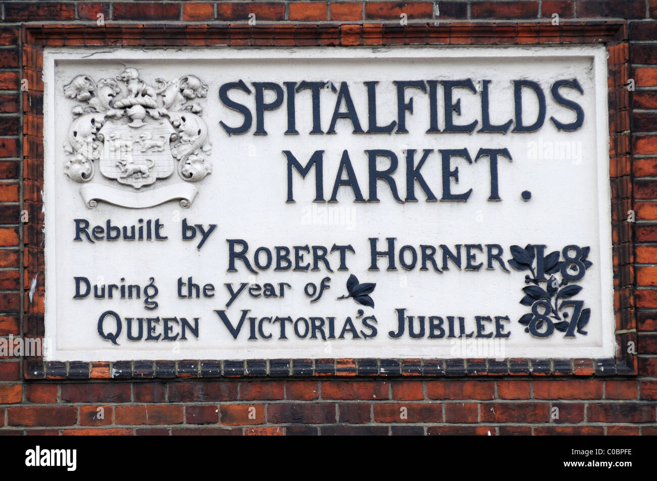 Spitalfields Market placca, London, England, Regno Unito Foto Stock