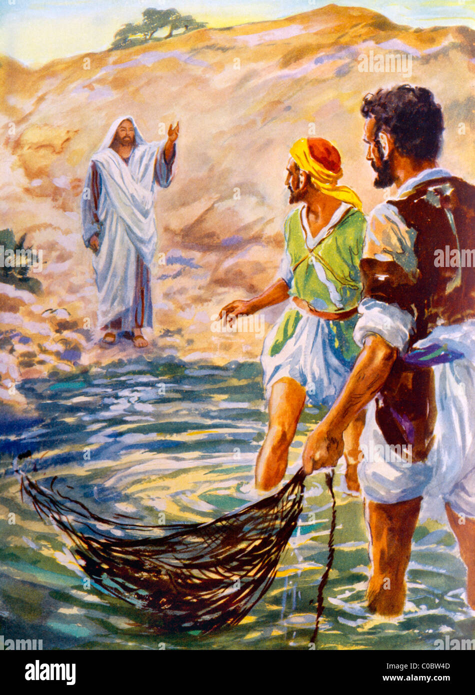 Gesù chiama Andrea & Peter a lasciare le loro reti dipinto di Henry Incolla racconto biblico Foto Stock