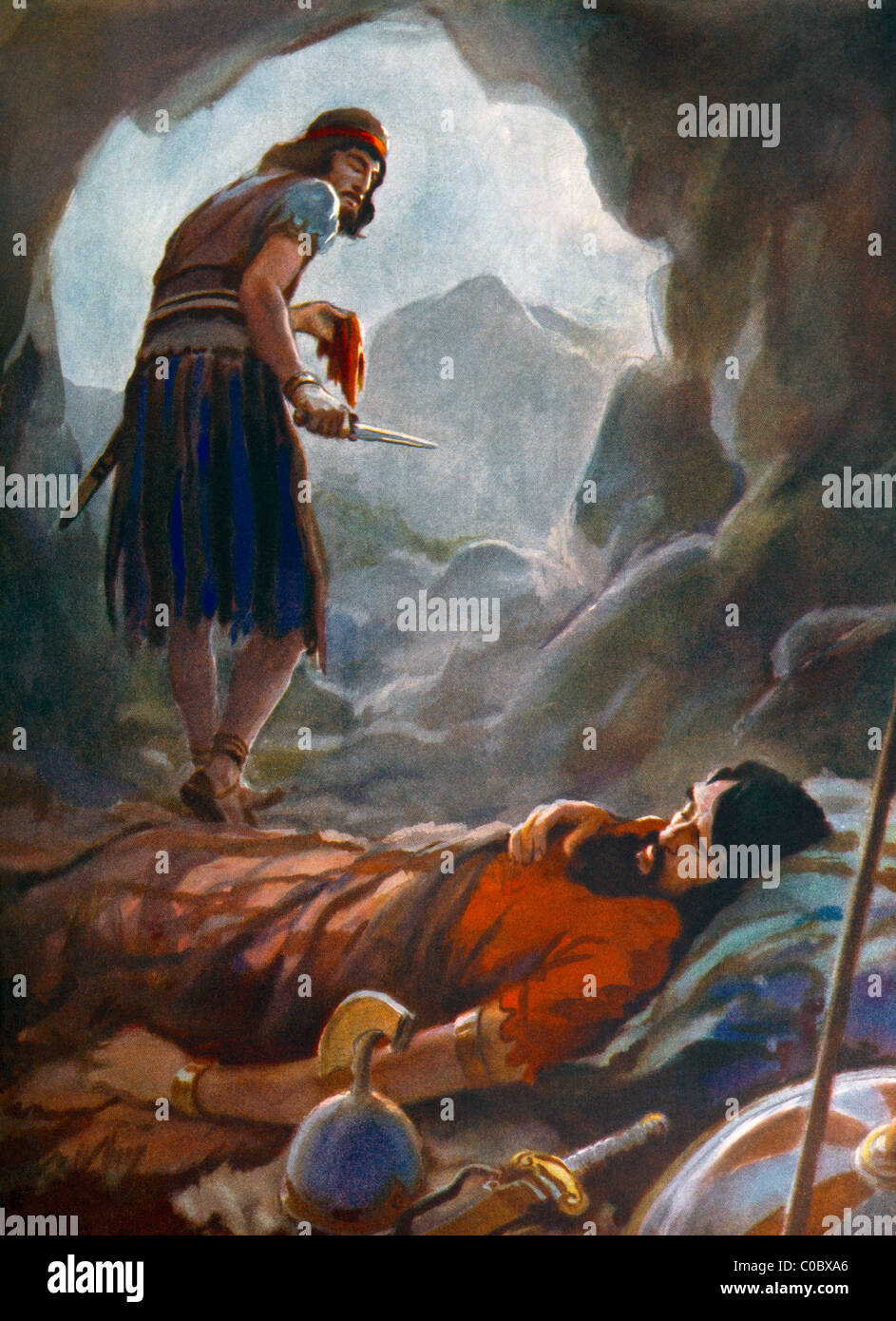Illustrazione di David che taglia un pezzo della veste di re Saul mentre dormiva in una grotta ( Samuel ) dipinto di Henry Coller Foto Stock