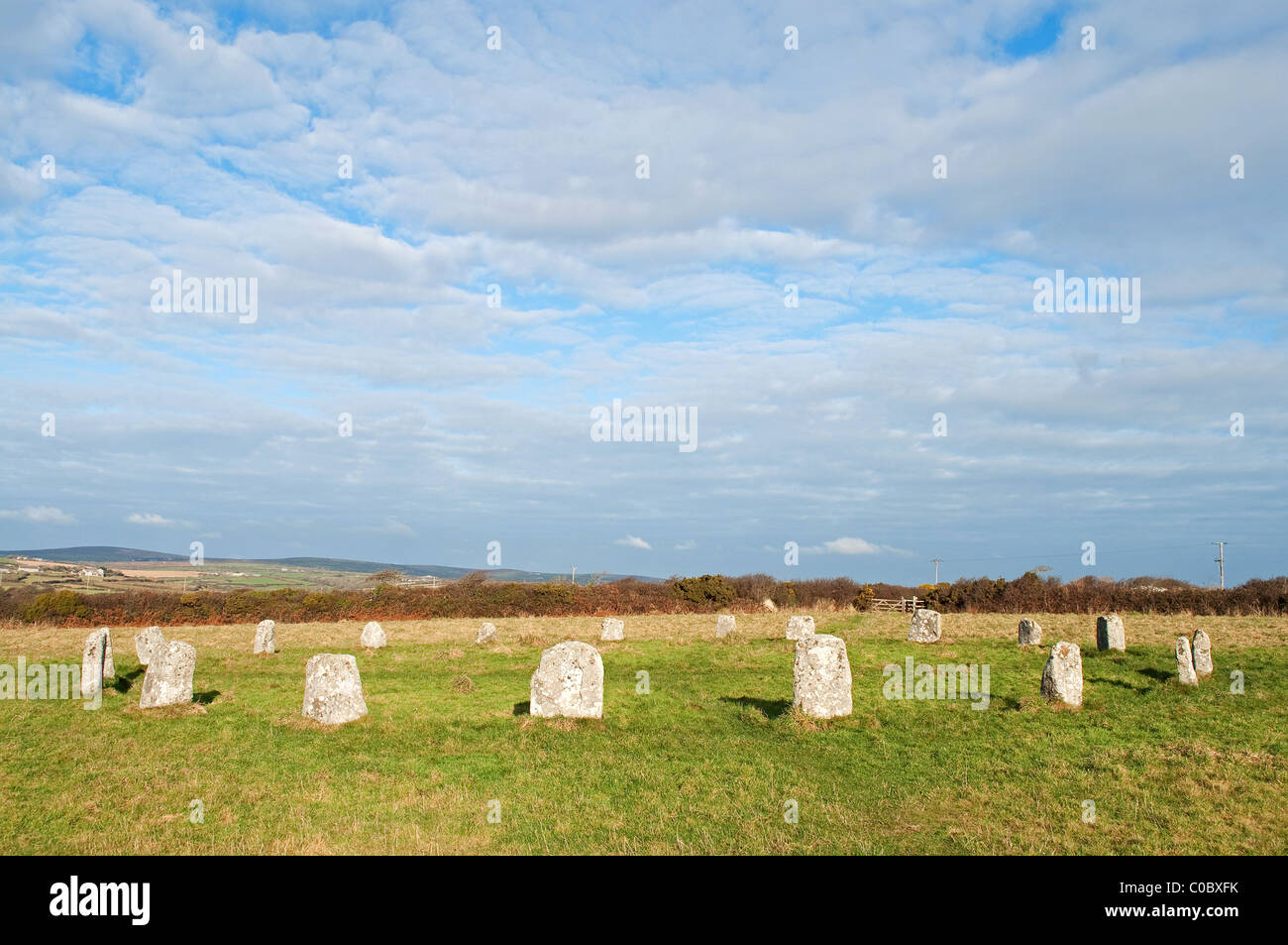 Il ' merry maidens ' stone circle vicino Lamorna in Cornwall, Regno Unito Foto Stock