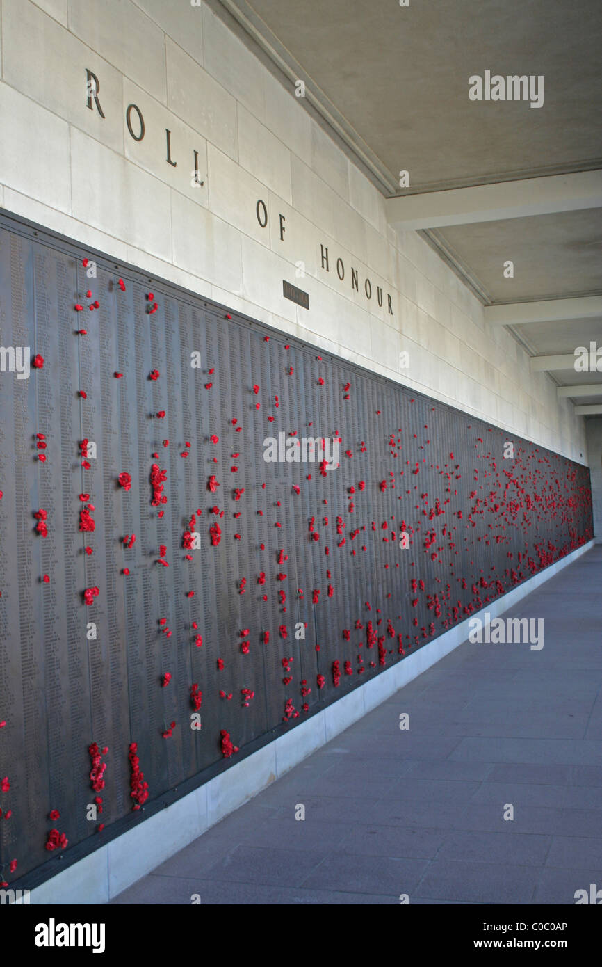 Fiori di papavero grazia il Rotolo di onore nel muro della Australian War Memorial a Canberra, in Australian Capital Territory, Australia. Foto Stock