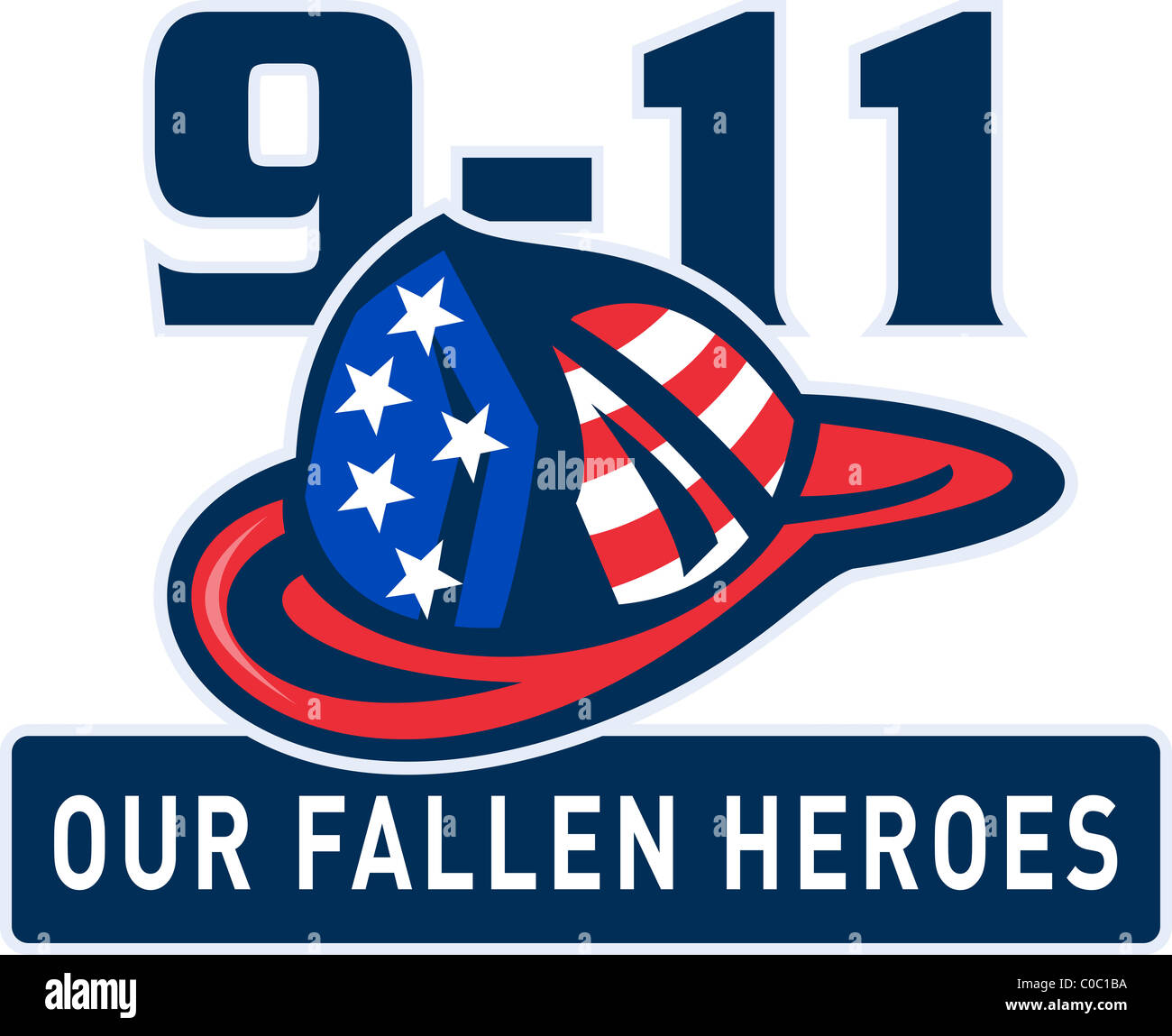 Illustrazione di un 9-11 fireman firefighter casco con American a stelle e strisce bandiera Foto Stock