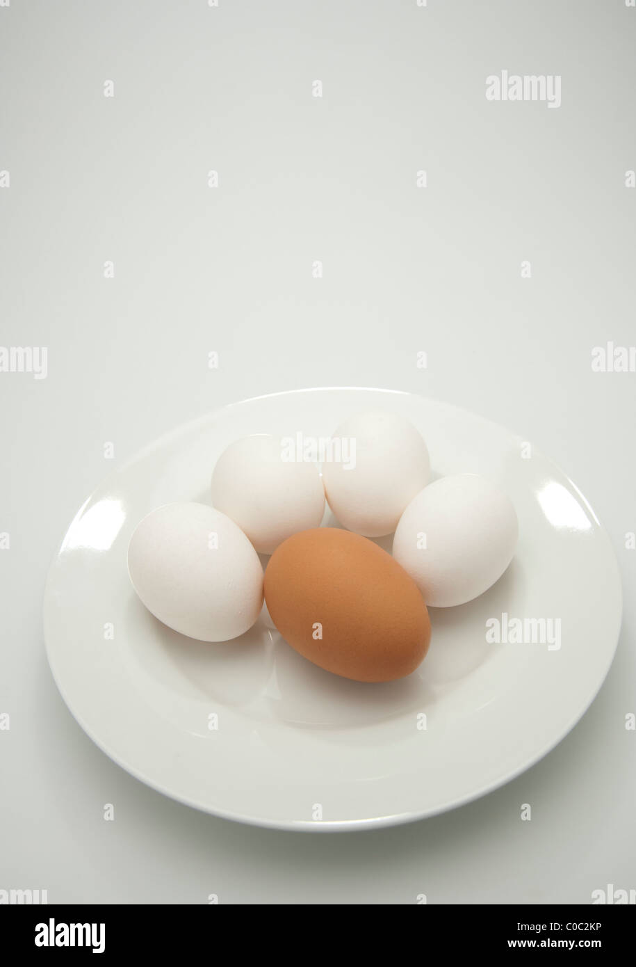 Agricoltura biologica uovo marrone sulla piastra con prodotti di massa le uova bianche Foto Stock