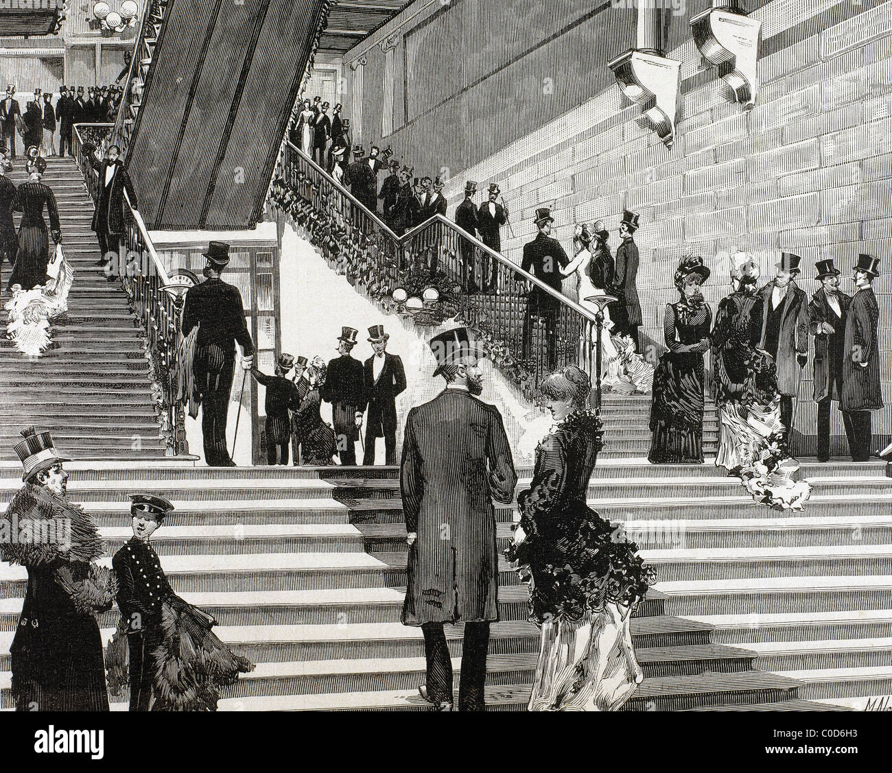 Apertura del nuovo Ateneo di Madrid il 31 gennaio 1884. Gli assistenti in scala principale. Incisione, 1884. Spagna. Foto Stock
