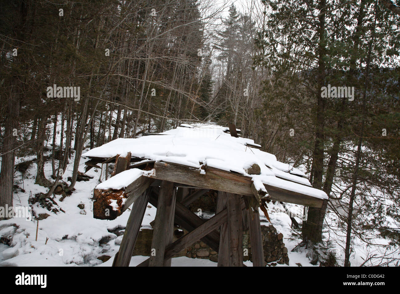 Costruito nei primi anni del Novecento il traliccio abbandonato n. 16 è lungo il vecchio ramo orientale & Lincoln Railroad in Pemigewasset deserto del New Hampshire Foto Stock