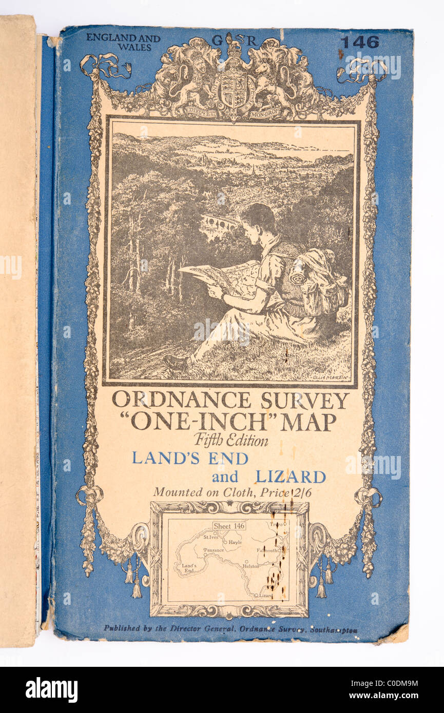 Coperchio per old Ordnance Survey uno-pollice la mappa di copertura di Cornovaglia Land's End e Lizard Foto Stock