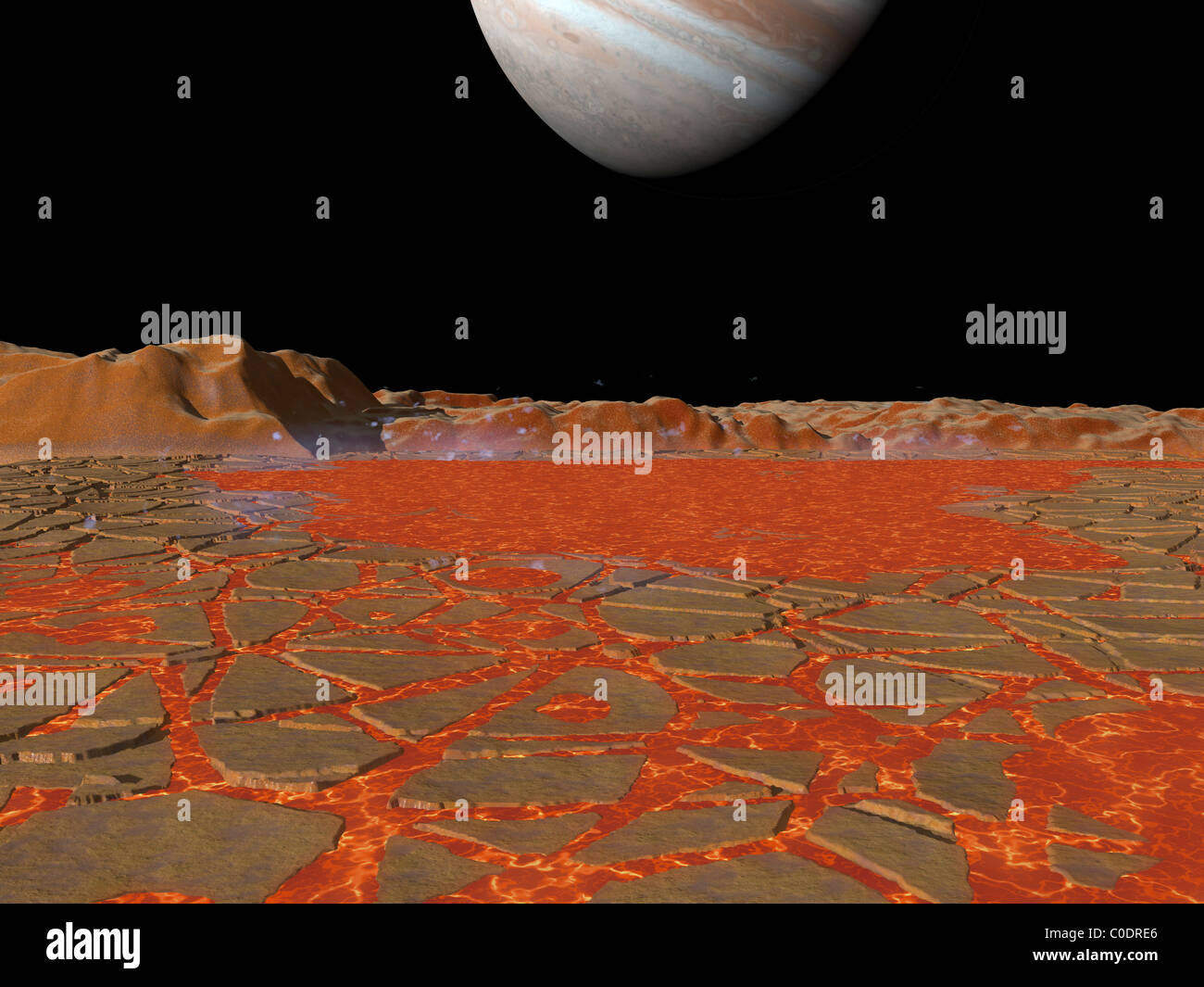 Artista del concetto di una vista su un pool di lava sulla superficie di Io, verso Giove. Foto Stock