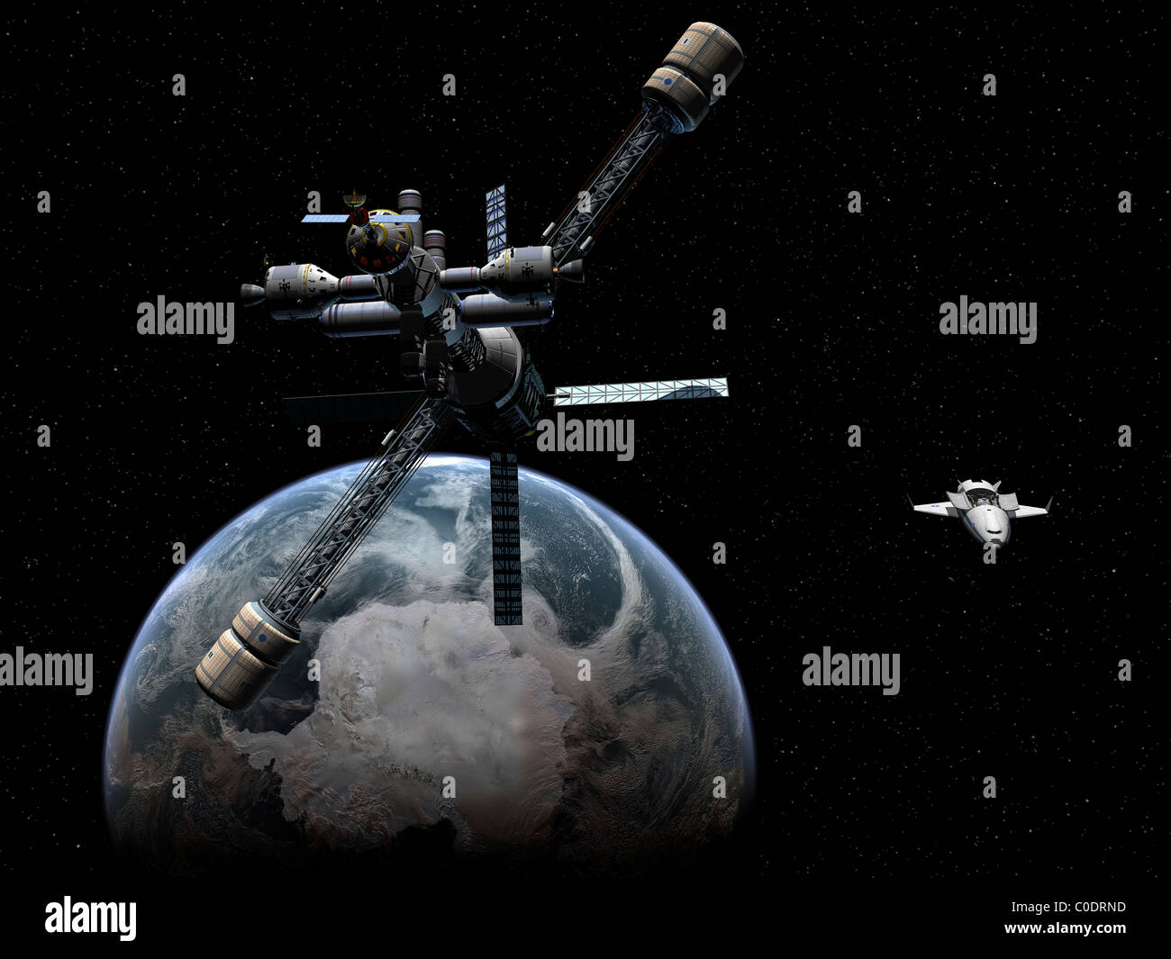 Artista del concetto di un cycler lunare avvicinando la terra. Foto Stock