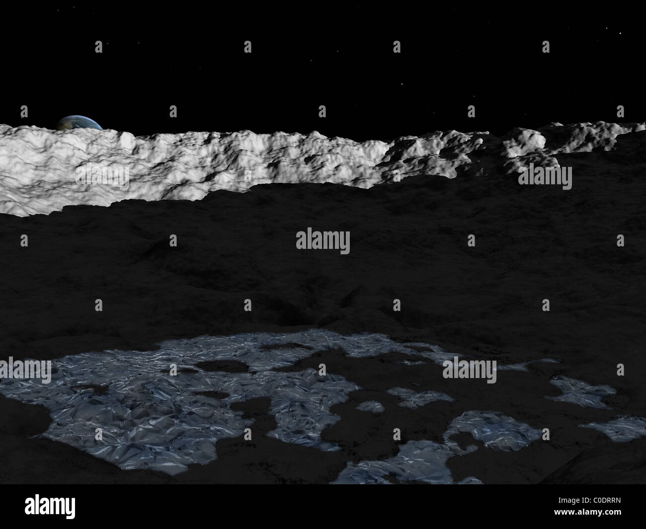 Illustrazione di un profondo cratere sulla superficie della luna. Foto Stock