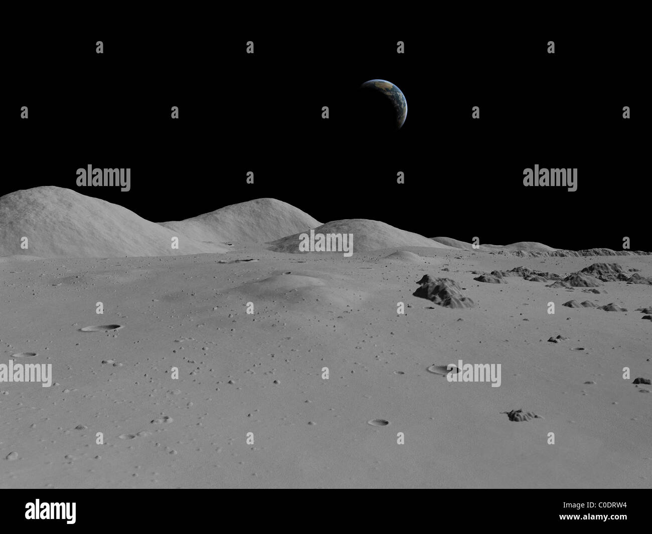 Artista del concetto di una vista su tutta la superficie della Luna verso la Terra in distanza. Foto Stock
