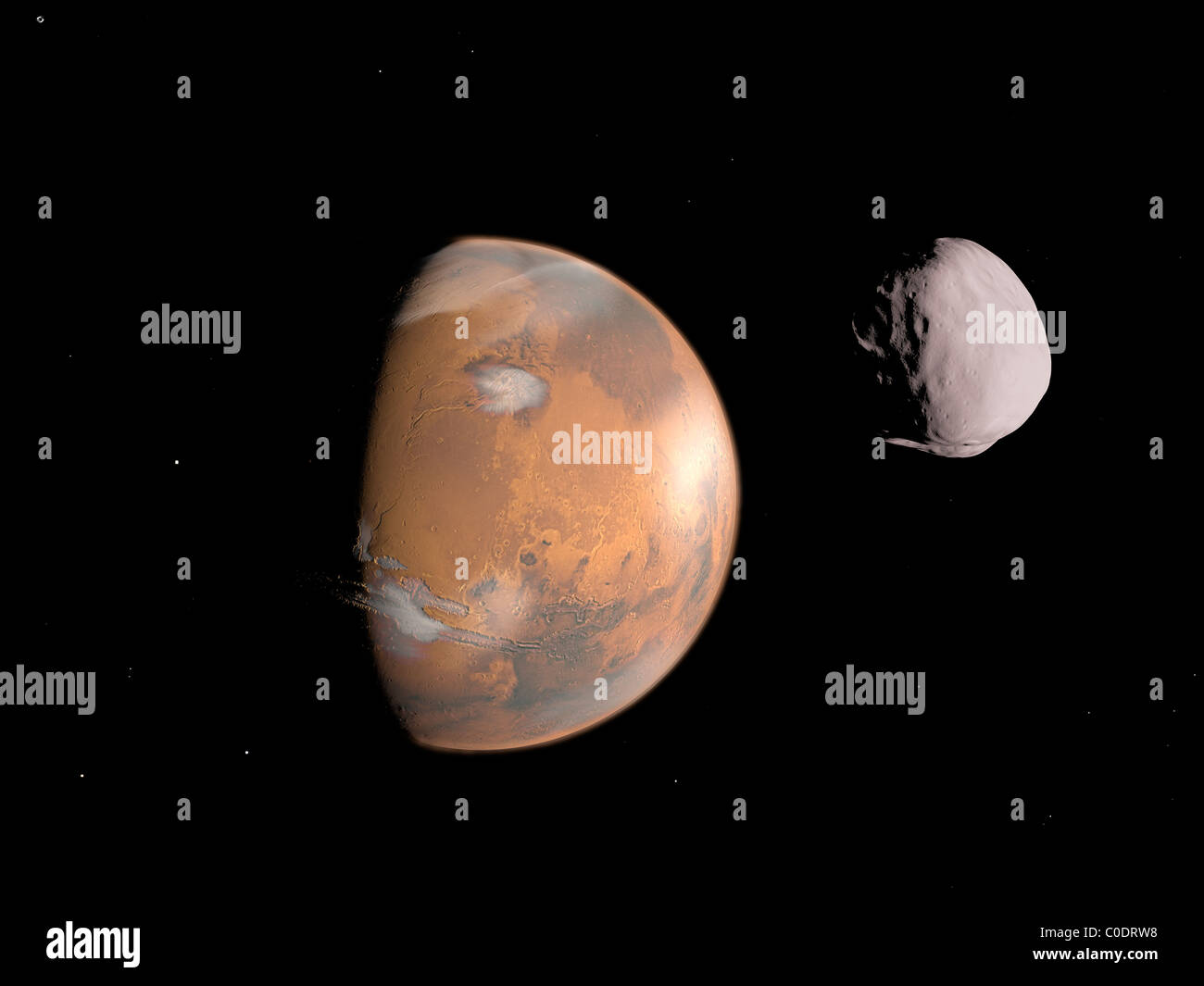 Artista del concetto di Marte e la luna, Dione. Foto Stock