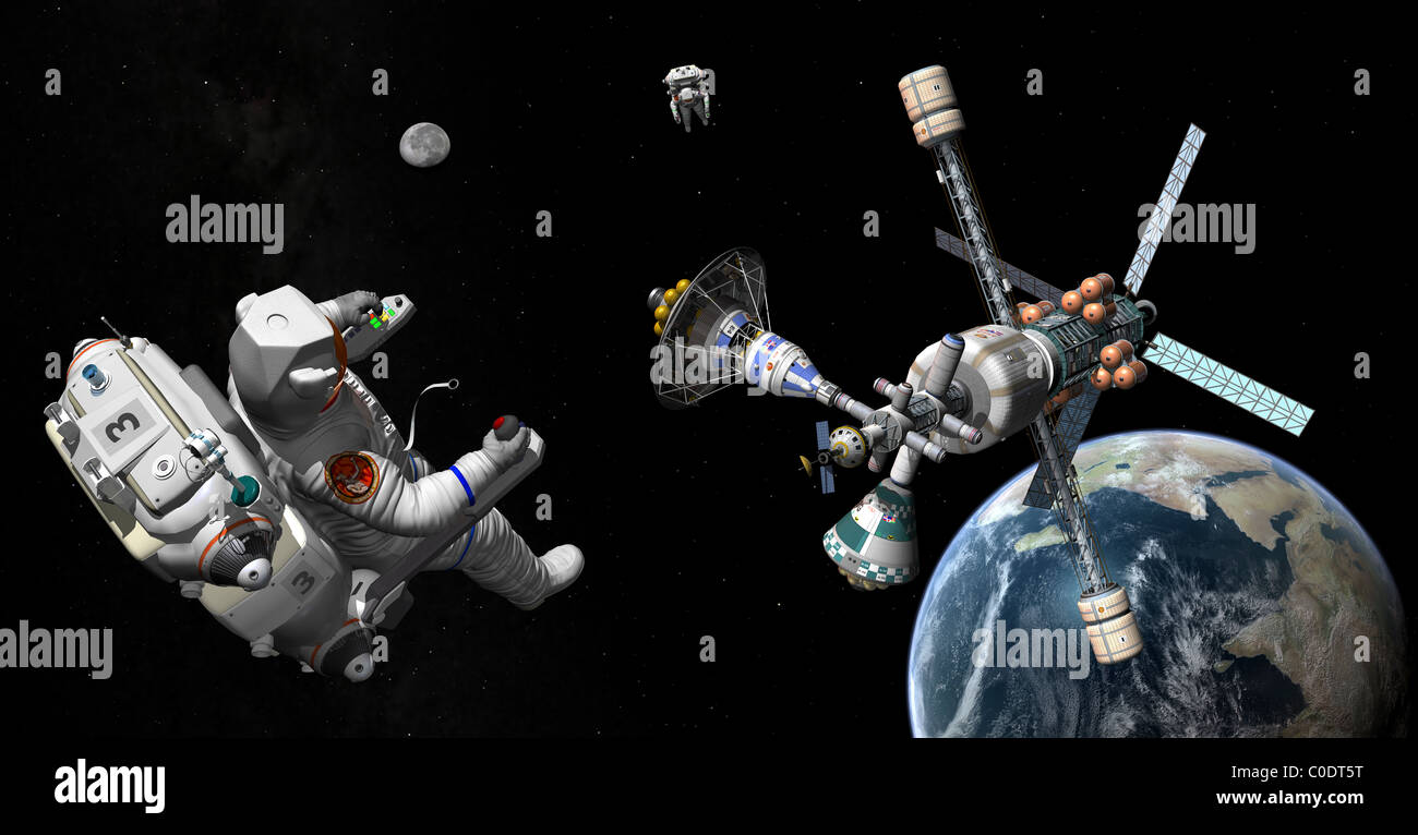 Un Mars cycler viaggi dalla terra mentre due astronauti guarda da lontano. Foto Stock