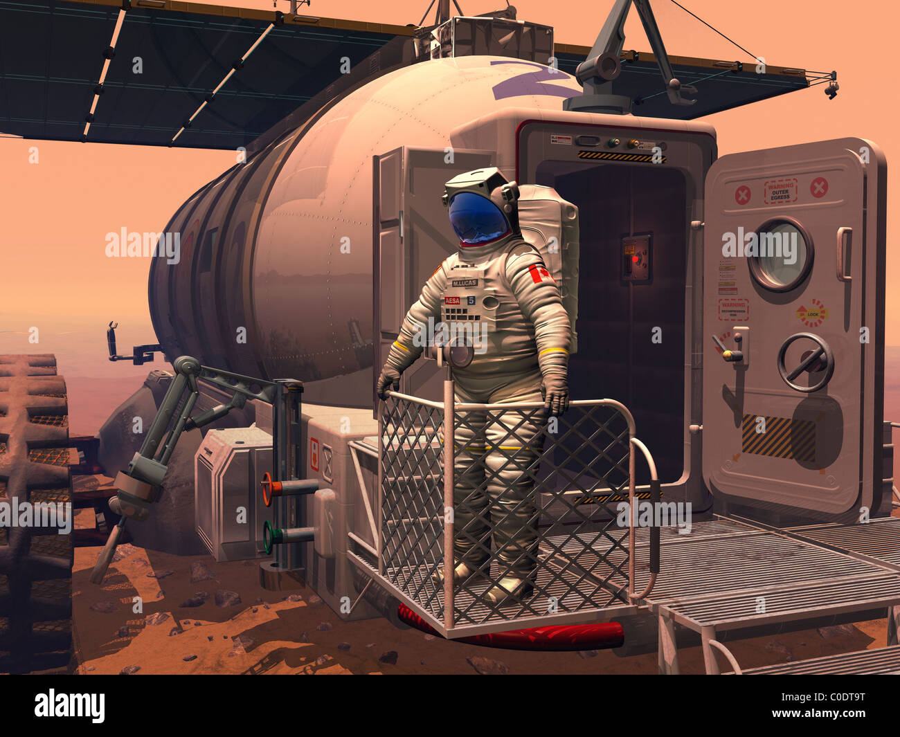 Illustrazione di un astronauta lasciando loro Mars rover veicolo per esplorare la superficie del pianeta. Foto Stock