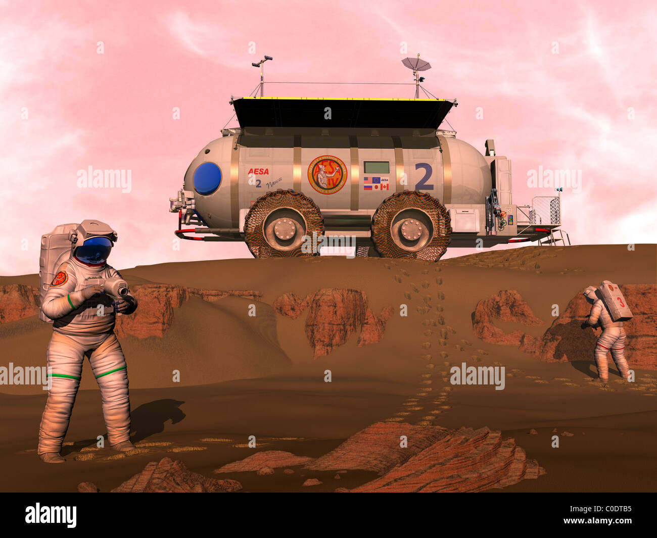 Illustrazione di astronauti esaminando un affioramento di roccia sedimentaria su un marziano campo di dune. Foto Stock