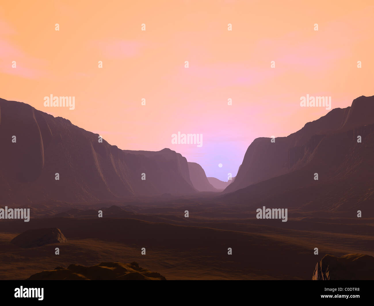 Illustrazione di un marziano sunrise dall'interno di un profondo canyon. Foto Stock