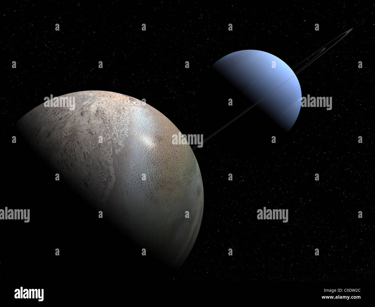 Illustrazione del gigante di gas pianeta Nettuno e la sua più grande luna Triton. Foto Stock
