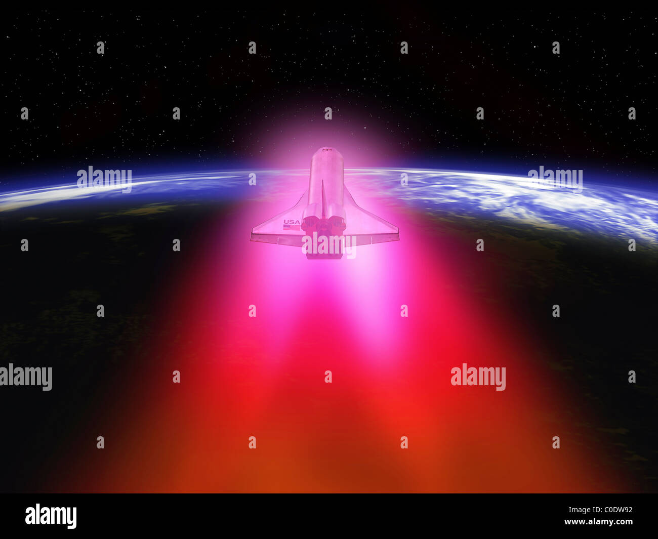 Illustrazione di una navetta spaziale immettendo nuovamente l'atmosfera della terra. Foto Stock