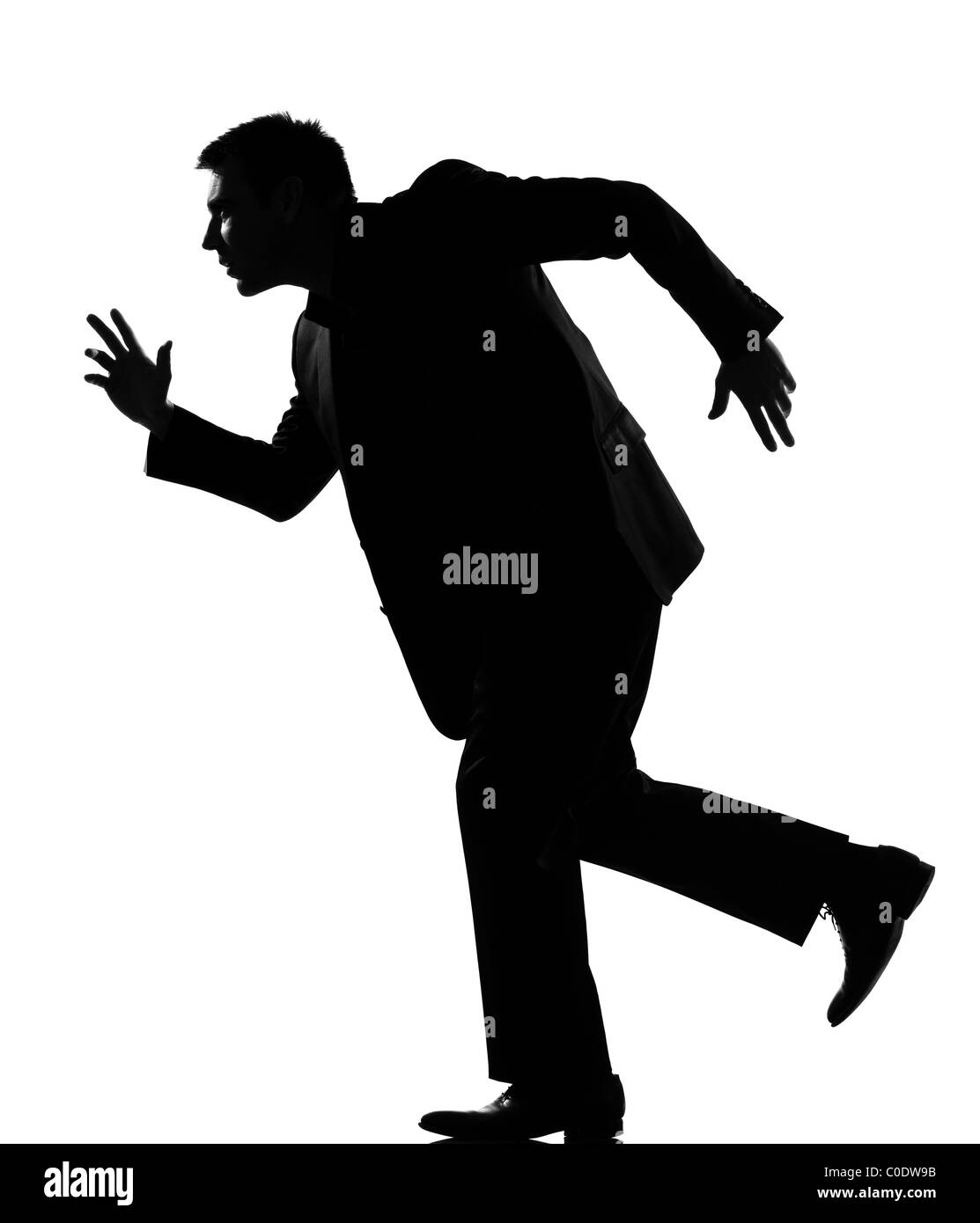 Silhouette caucasian uomo d affari che esprimono il comportamento di lunghezza completa su studio isolato sfondo bianco Foto Stock