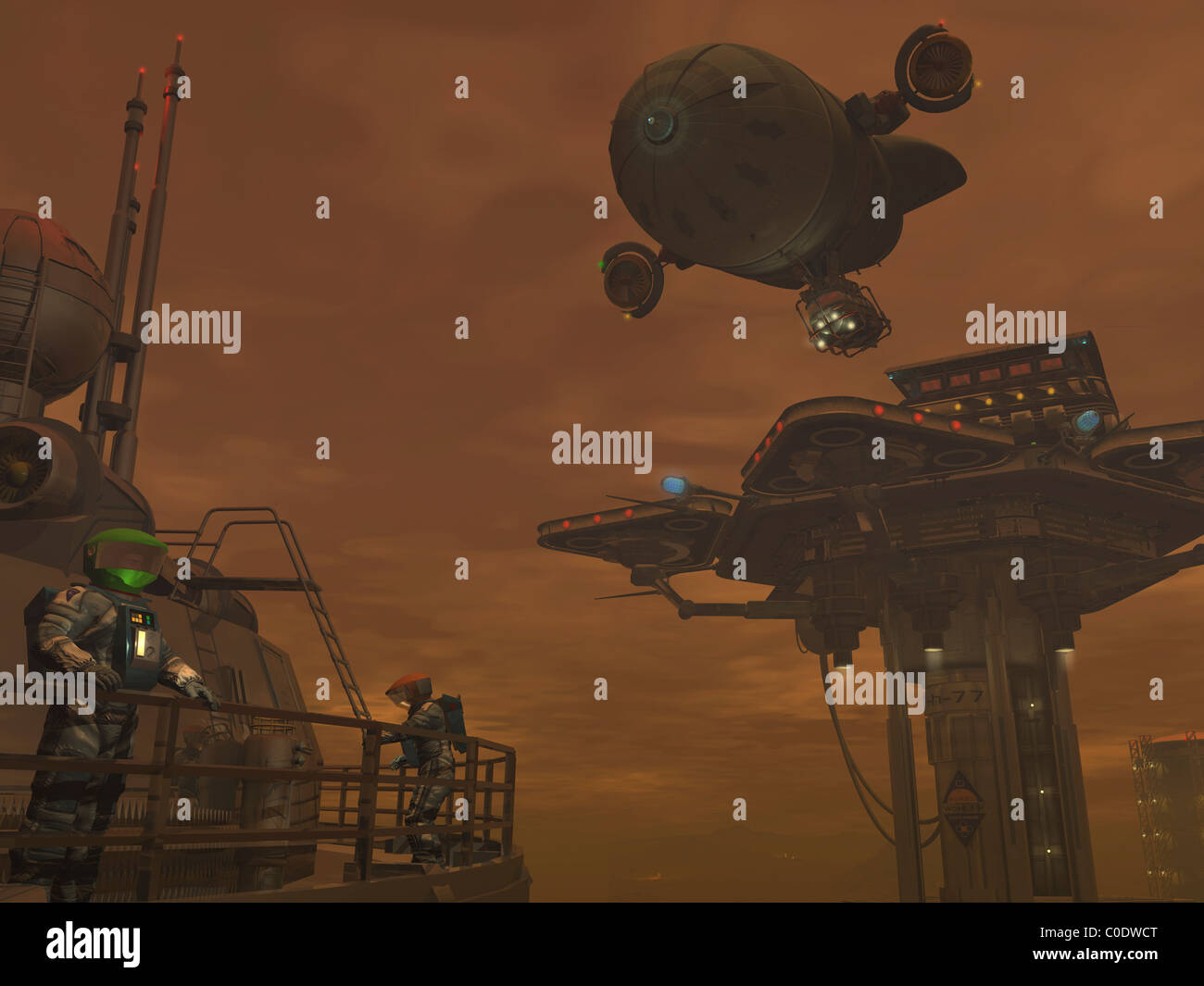 Illustrazione di un veicolo spaziale e gli astronauti in corrispondenza di un sito minerario su Saturno Titano luna. Foto Stock