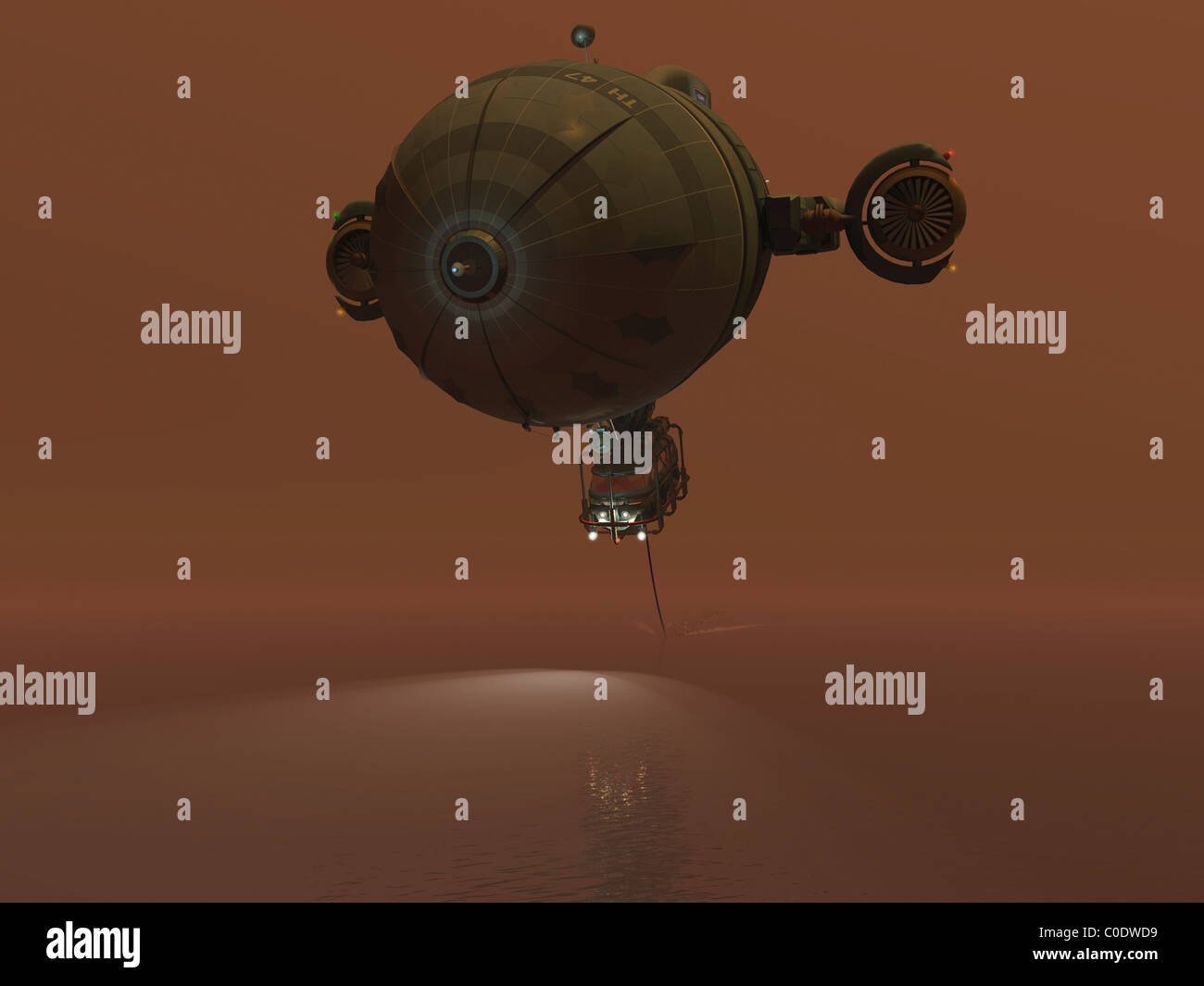 Illustrazione di un blimp il traino di un sensore attraverso il liquido Etano su Titan. Foto Stock