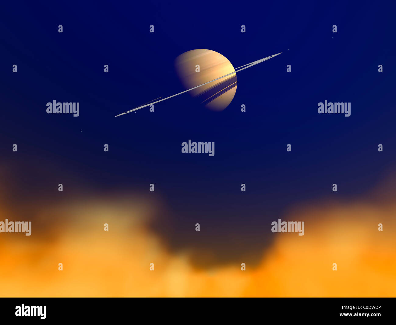 Artista del concetto di Saturno tra la foschia di idrocarburi della sua luna di Titan. Foto Stock