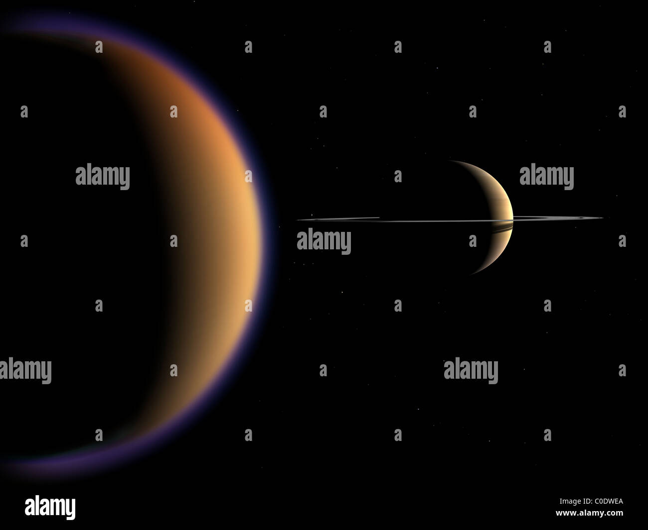 Artista del concetto di Saturno e la sua luna di Titan. Foto Stock