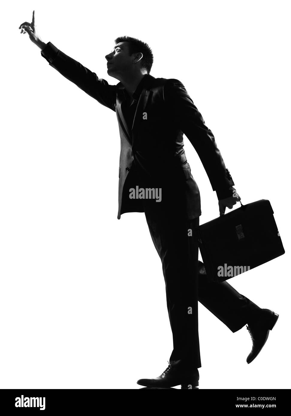 Silhouette caucasian business man in esecuzione salutando a lunghezza piena su studio isolato sfondo bianco Foto Stock