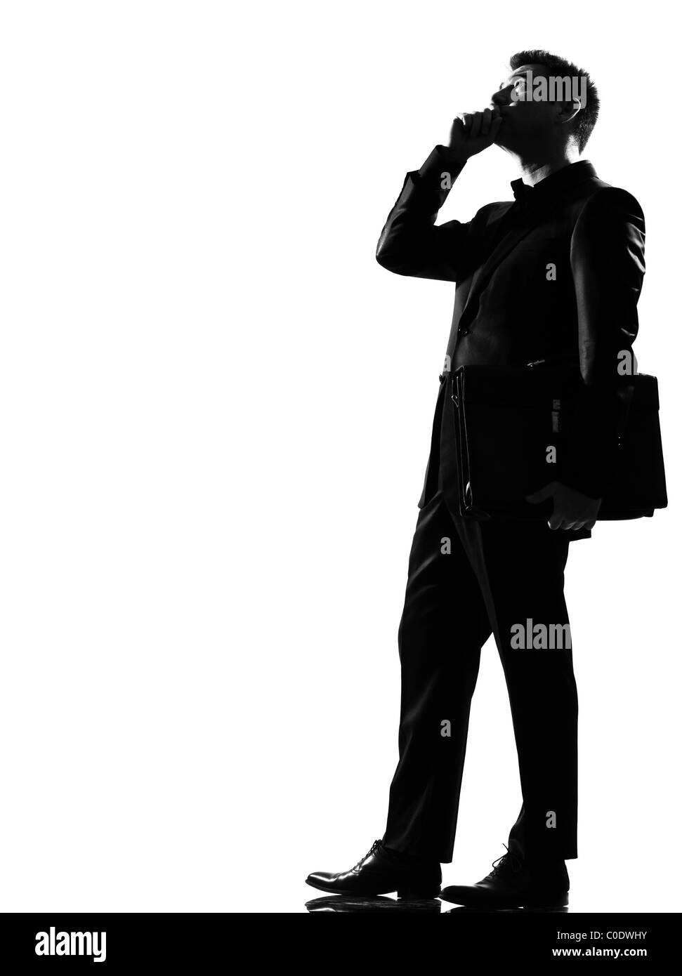 Silhouette caucasian uomo d affari al telefono che esprimono il comportamento di lunghezza completa su studio isolato sfondo bianco Foto Stock