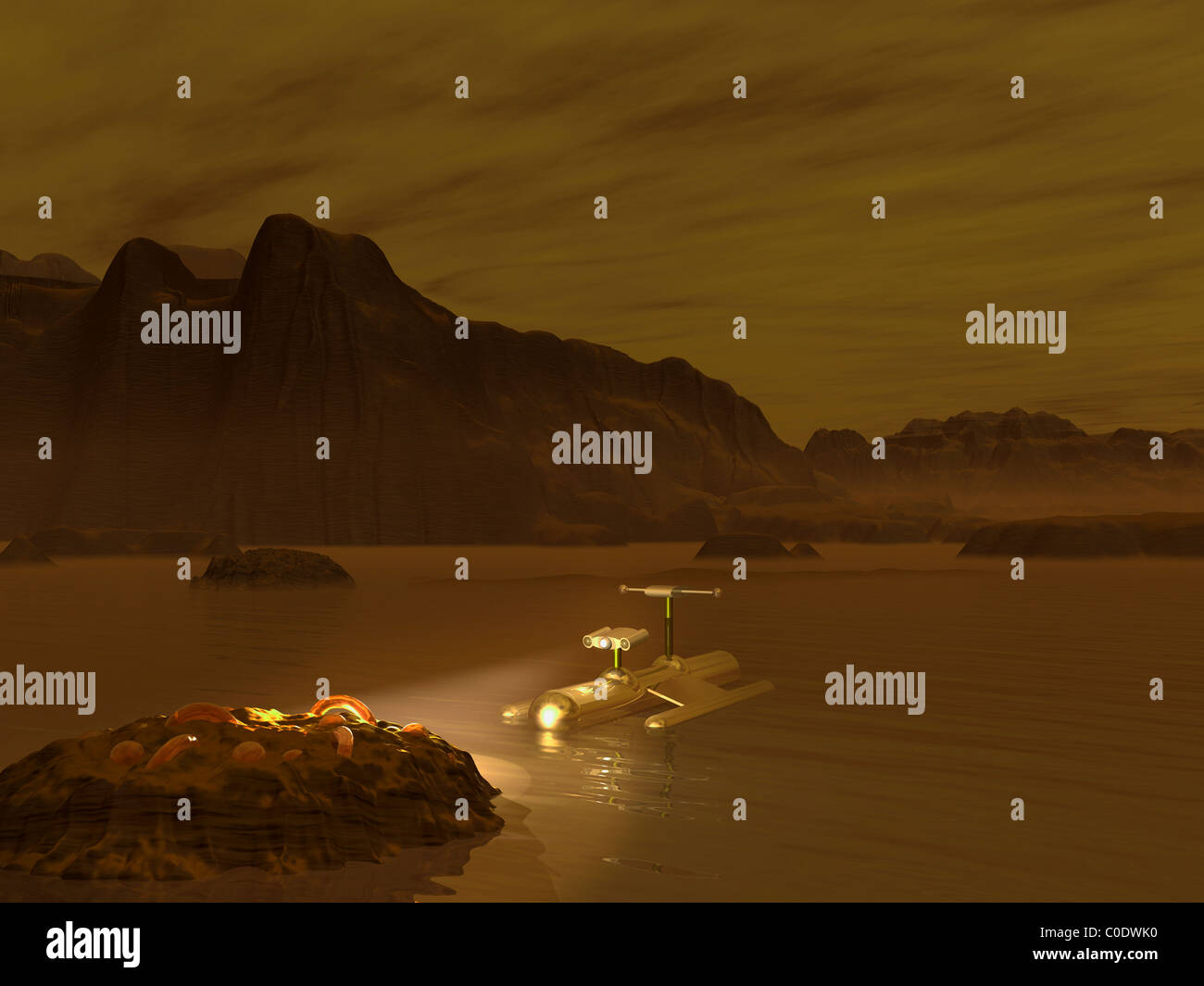 Artista del concetto di una sonda robotico esplorare una frigida etano lago su Titan. Foto Stock