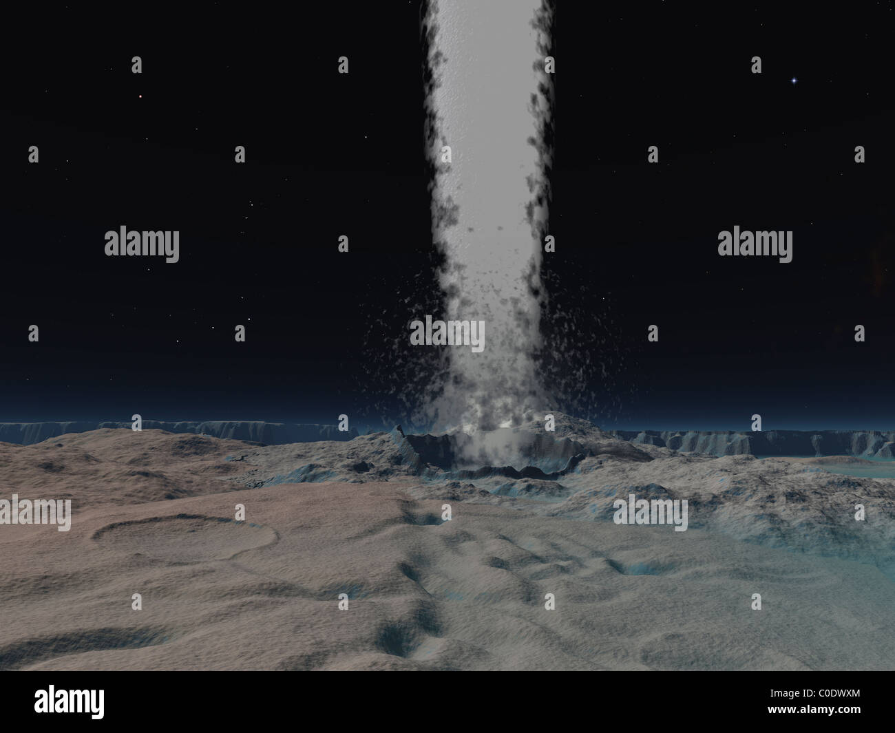 Eruzione di un vulcano di ghiaccio sulla superficie della luna Neptunes Triton. Foto Stock