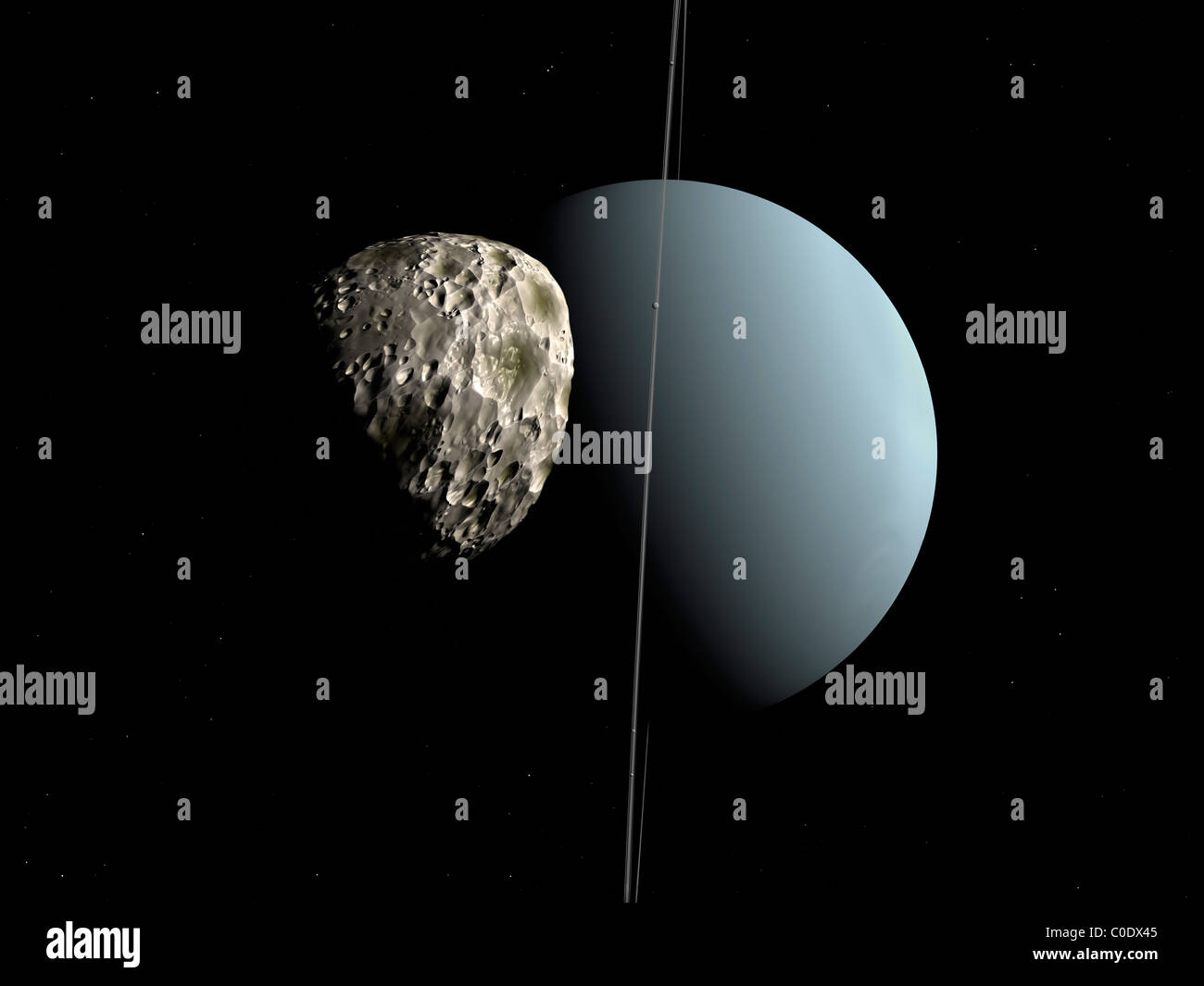 Artista del concetto di come Urano e la sua piccola luna Puck. Foto Stock