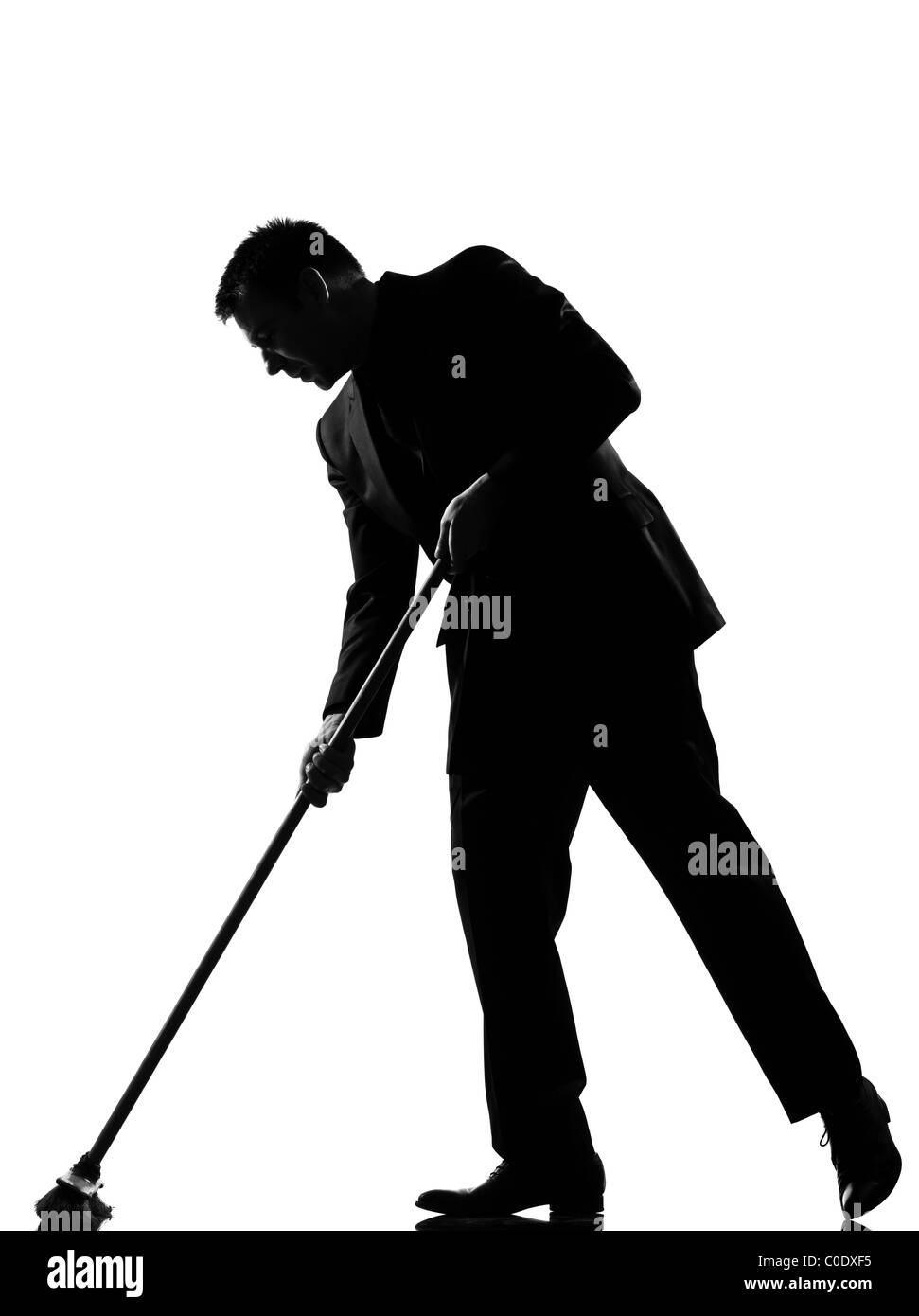 Silhouette caucasian business man tergi brooming comportamento lunghezza completa su studio isolato sfondo bianco Foto Stock