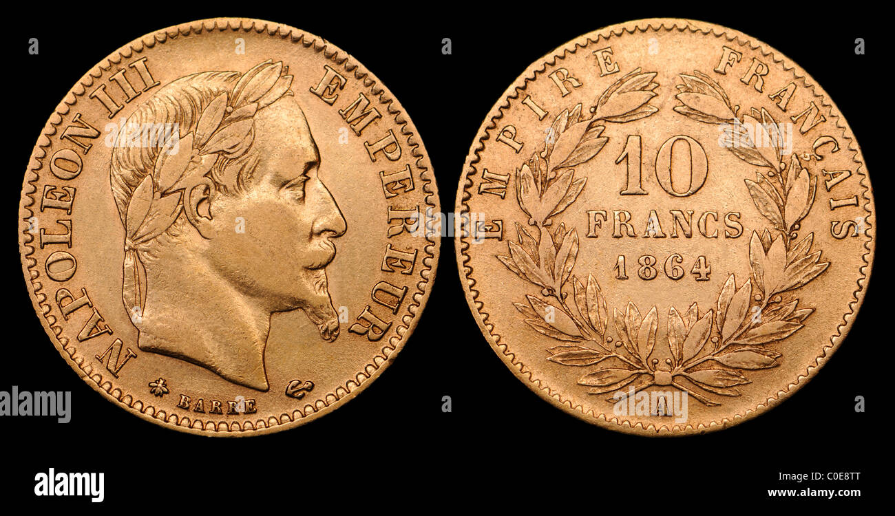Il francese moneta in oro - Napoleone III, 10 franchi, 1864 Foto Stock